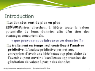 Introduction au big data 5
Les données sont de plus en plus
précieuses.Les entreprises cherchent à libérer
potentielle de leurs données afin
toute la valeur
d’en tirer des
avantages concurrentiels.
« que pouvons-nous faire avec ces données ? »
Le traitement en temps réel contribue à l’analyse
prédictive. L’analyse prédictive permet aux
entreprises d’avoir une idée beaucoup plus claire de
l’avenir et peut ouvrir d’excellentes opportunités de
génération de valeur à partir des données.
Introduction
https://inesslimene.wixsite.com/moncours
 