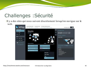 https://inesslimene.wixsite.com/moncours
Il y a des sites qui nous suivent discrètement lorsqu'on navigue sur le
web.
Challenges :Sécurité
Introduction au big data 40
 