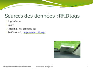 Agriculture
Sport
Informations climatiques
Traffic routier http://www.511.org/
Sources des données :RFIDtags
Introduction au big data 8https://inesslimene.wixsite.com/moncours
 