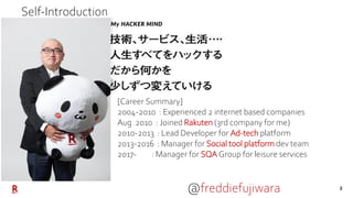 2
[Career Summary]
2004-2010 : Experienced 2 internet based companies
Aug 2010 : Joined Rakuten (3rd company for me)
2010-...