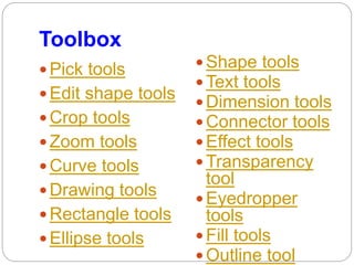 Toolbox
 Pick tools
 Edit shape tools
 Crop tools
 Zoom tools
 Curve tools
 Drawing tools
 Rectangle tools
 Ellipse tools
 Shape tools
 Text tools
 Dimension tools
 Connector tools
 Effect tools
 Transparency
tool
 Eyedropper
tools
 Fill tools
 Outline tool
 