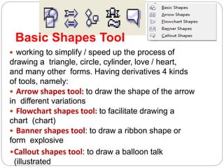  working to simplify / speed up the process of
drawing a triangle, circle, cylinder, love / heart,
and many other forms. Having derivatives 4 kinds
of tools, namely:
• Arrow shapes tool: to draw the shape of the arrow
in different variations
• Flowchart shapes tool: to facilitate drawing a
chart (chart)
• Banner shapes tool: to draw a ribbon shape or
form explosive
•Callout shapes tool: to draw a balloon talk
(illustrated
Basic Shapes Tool
 
