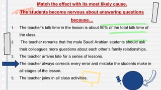 Match the effect with its most likely cause.
The students become nervous about answering questions
because…
1. The teacher’s talk time in the lesson is about 90% of the total talk time of
the class.
2. The teacher remarks that the male Saudi Arabian students should ask
their colleagues more questions about each other’s family relationships.
3. The teacher arrives late for a series of lessons.
4. The teacher always corrects every error and mistake the students make in
all stages of the lesson.
5. The teacher joins in all class activities.
 