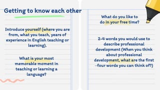 Getting to know each other
What is your most
memorable moment in
teaching or learning a
language?
2-4 words you would use to
describe professional
development (When you think
about professional
development, what are the first
–four words you can think of?)
Introduce yourself (where you are
from, what you teach, years of
experience in English teaching or
learning).
What do you like to
do in your free time?
 