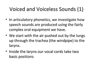 Voiced and Voiceless Sounds (1)
• In articulatory phonetics, we investigate how
speech sounds are produced using the fairly
complex oral equipment we have.
• We start with the air pushed out by the lungs
up through the trachea (the windpipe) to the
larynx.
• Inside the larynx our vocal cords take two
basic positions

 