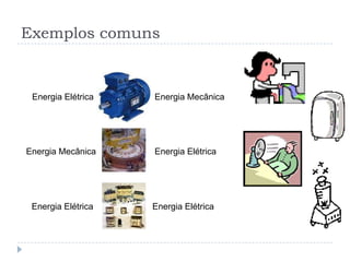 Exemplos comuns
Energia Elétrica Energia Mecânica
Energia Mecânica Energia Elétrica
Energia Elétrica Energia Elétrica
 