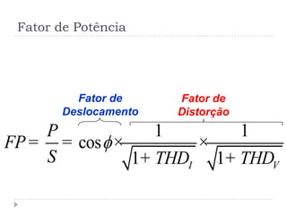 1 1
cos
1 1I V
P
FP
S THD THD
f= = × ×
+ +
Fator de
Deslocamento
Fator de
Distorção
Fator de Potência
 