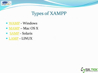Types of XAMPP
 WAMP - Windows
 MAMP – Mac OS X
 SAMP - Solaris
 LAMP - LINUX
 