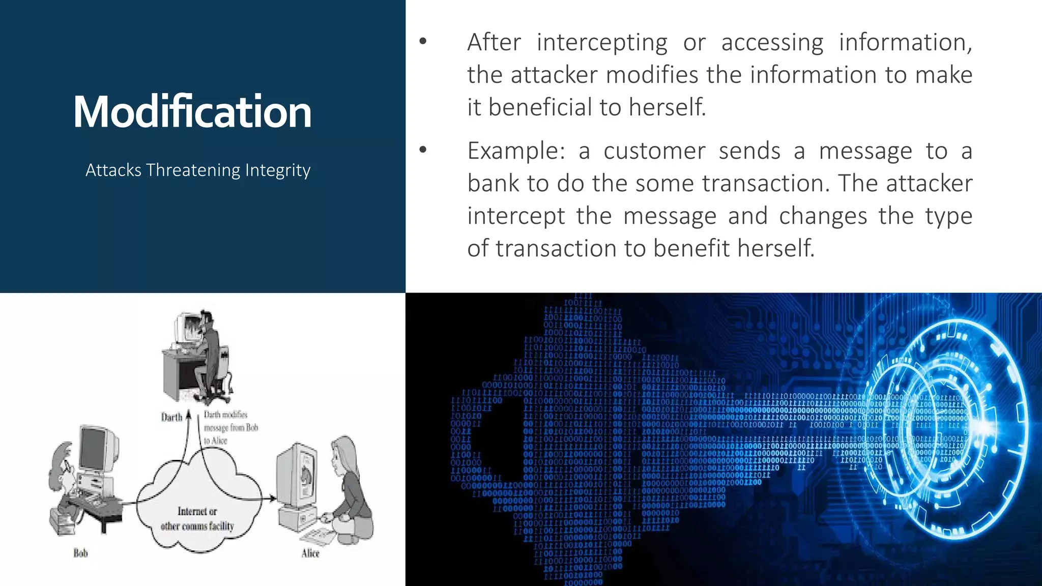 Modification
• After intercepting or accessing information,
the attacker modifies the information to make
it beneficial to herself.
• Example: a customer sends a message to a
bank to do the some transaction. The attacker
intercept the message and changes the type
of transaction to benefit herself.
Attacks Threatening Integrity
 