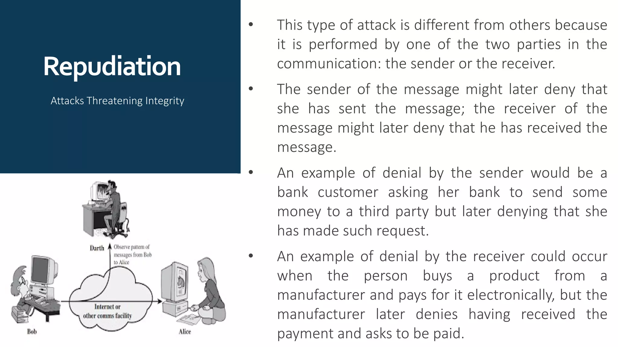 Repudiation
• This type of attack is different from others because
it is performed by one of the two parties in the
communication: the sender or the receiver.
• The sender of the message might later deny that
she has sent the message; the receiver of the
message might later deny that he has received the
message.
• An example of denial by the sender would be a
bank customer asking her bank to send some
money to a third party but later denying that she
has made such request.
• An example of denial by the receiver could occur
when the person buys a product from a
manufacturer and pays for it electronically, but the
manufacturer later denies having received the
payment and asks to be paid.
Attacks Threatening Integrity
 