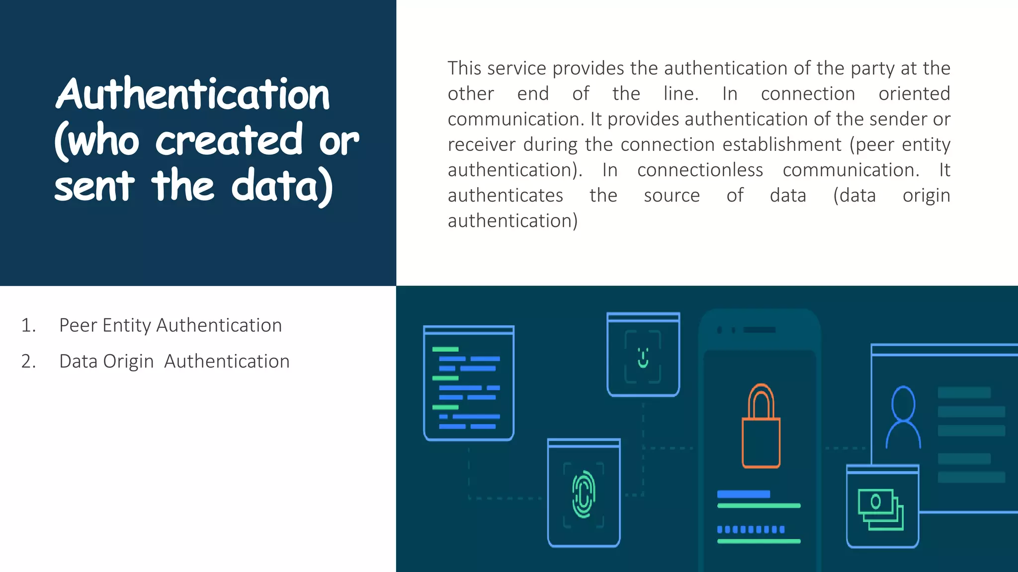 Authentication
(who created or
sent the data)
This service provides the authentication of the party at the
other end of the line. In connection oriented
communication. It provides authentication of the sender or
receiver during the connection establishment (peer entity
authentication). In connectionless communication. It
authenticates the source of data (data origin
authentication)
1. Peer Entity Authentication
2. Data Origin Authentication
 