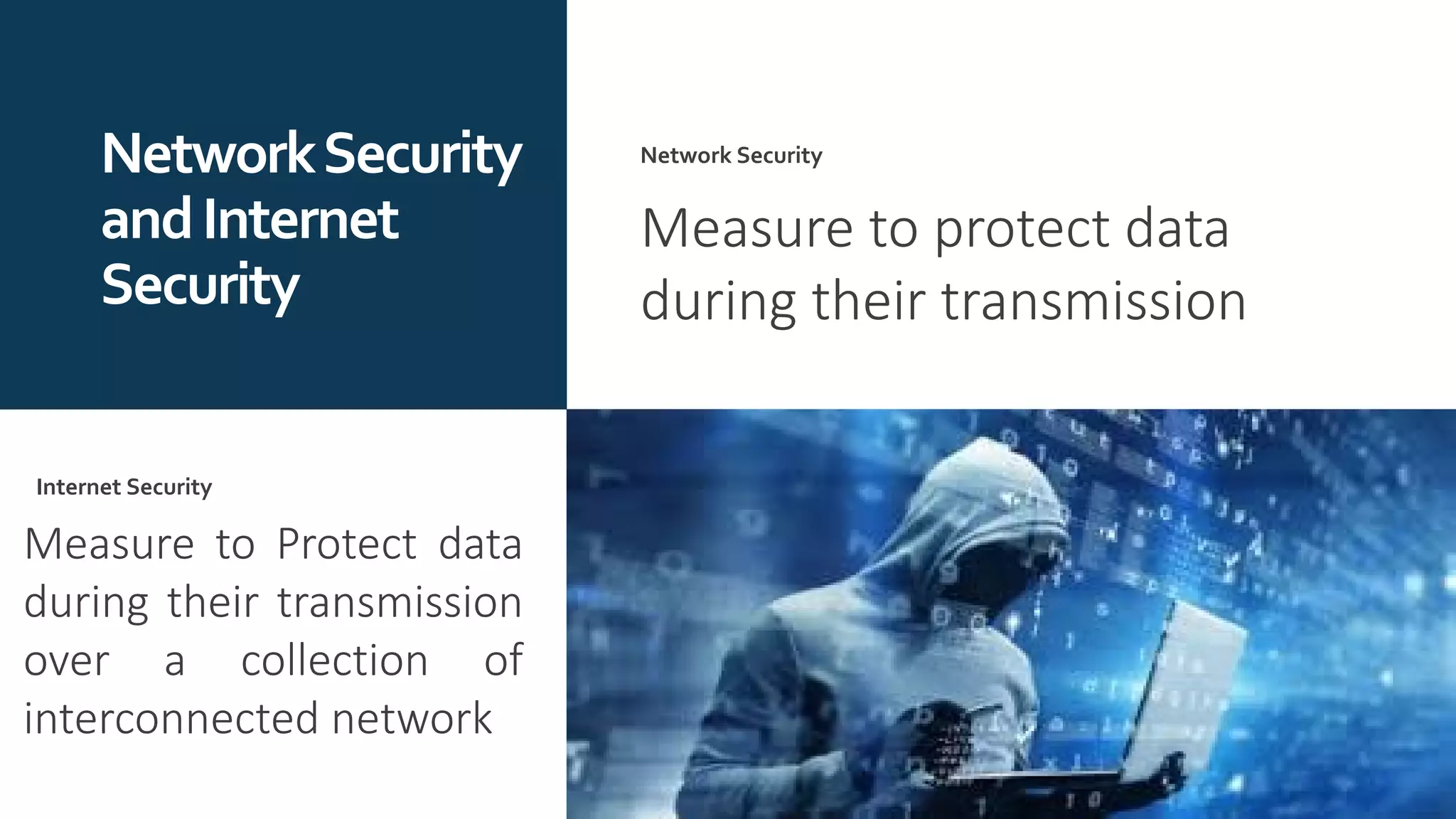 NetworkSecurity
andInternet
Security
Network Security
Measure to protect data
during their transmission
Measure to Protect data
during their transmission
over a collection of
interconnected network
Internet Security
 