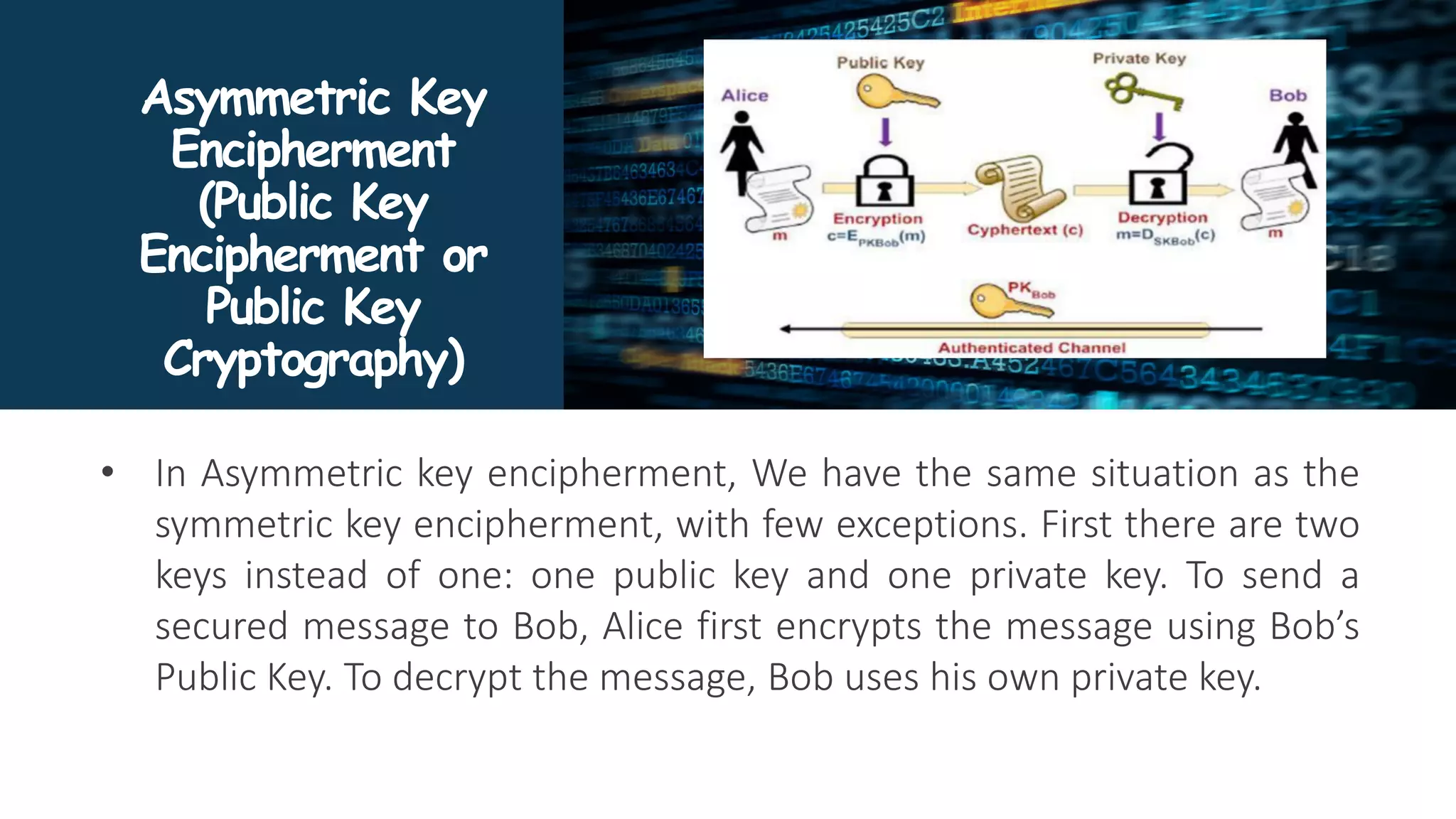 Asymmetric Key
Encipherment
(Public Key
Encipherment or
Public Key
Cryptography)
• In Asymmetric key encipherment, We have the same situation as the
symmetric key encipherment, with few exceptions. First there are two
keys instead of one: one public key and one private key. To send a
secured message to Bob, Alice first encrypts the message using Bob’s
Public Key. To decrypt the message, Bob uses his own private key.
 