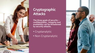 Cryptographic
Attacks
• Cryptanalytic
• Non Cryptanalytic
The three goals of security –
confidentiality , Integrity and
availability can be threatened
by security attacks.
 