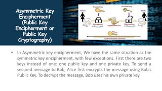 Asymmetric Key
Encipherment
(Public Key
Encipherment or
Public Key
Cryptography)
• In Asymmetric key encipherment, We have the same situation as the
symmetric key encipherment, with few exceptions. First there are two
keys instead of one: one public key and one private key. To send a
secured message to Bob, Alice first encrypts the message using Bob’s
Public Key. To decrypt the message, Bob uses his own private key.
 