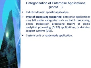  Industry domain specific application.
 Type of processing supported: Enterprise applications
may fall under categories such as batch processing,
online transaction processing (OLTP) or online
analytical processing (OLAP) applications, or decision
support systems (DSS).
 Custom built or readymade application.
Categorization of Enterprise Applications
(contd…)
 