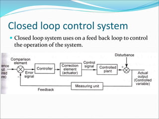 Closed loop control system
 Closed loop system uses on a feed back loop to control
the operation of the system.
 