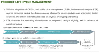 1
PRODUCT LIFE CYCLE MANAGEMENT
 With the integration of CAE in product life cycle management (PLM) , finite element analysis (FEA)
can be performed during the design process, closing the design-analysis gap, minimising design
iterations, and almost eliminating the need for physical prototyping and testing.
 FEA simulates the operating characteristics of engineers’ designs digitally, well in advance of
prototype tooling
 
