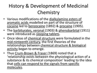 History & Development of Medicinal
Chemistry
• Various modifications of the dialkylamino esters of
aromatic acids modelled on part of the structure of
cocaine led to benzocaine (1892) & procaine (1905).
• The barbiturates, veronal (1903) & phenobarbital (1911)
were introduced as sleeping tablets.
• Once ideas of chemical structure were formulated in the
mid-ninteenth century, the first theories of the
relationships between chemical structure & biological
activity began to emerge.
• Thus Crum-Brown & Fraser (1869) noted that a
‘relationship exists between the physiological action of a
substance & its chemical composition’ leading to the idea
that cells can respond to the signals from specific
molecules.
 