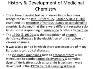 History & Development of Medicinal
Chemistry
• The action of acetylcholine on nerve tissue has been
recognized in the late 19th century. Barger & Dale (1910)
examined the response of various tissues to acetylcholine
agonists & showed that there were different receptor sub-
types; some responding to muscarine & others to nicotine.
• The 1920s & 1930s saw the recognition of vitamin
deficiency diseases & the elucidation of the structure of
various vitamins.
• It was also a period in which there was exposure of many
Europeans to tropical diseases.
• The iodinated quinolines such as entero-vioform were
introduced to combat amoebic dysentery & complex
dyestuff derivatives such as suramin & germanin were
developed in the 1920s to treat sleeping sickness.
 