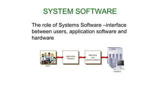 SYSTEM SOFTWARE
The role of Systems Software –interface
between users, application software and
hardware
 