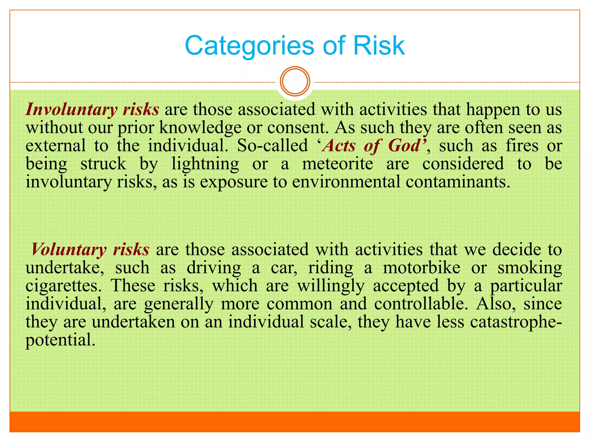 Categories of Risk
Involuntary risks are those associated with activities that happen to us
without our prior knowledge or consent. As such they are often seen as
external to the individual. So-called ‘Acts of God’, such as fires or
being struck by lightning or a meteorite are considered to be
involuntary risks, as is exposure to environmental contaminants.
Voluntary risks are those associated with activities that we decide to
undertake, such as driving a car, riding a motorbike or smoking
cigarettes. These risks, which are willingly accepted by a particular
individual, are generally more common and controllable. Also, since
they are undertaken on an individual scale, they have less catastrophe-
potential.
 