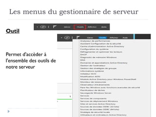 Les menus du gestionnaire de serveur
Outil
Permet d'accèder à
l'ensemble des outils de
notre serveur
 