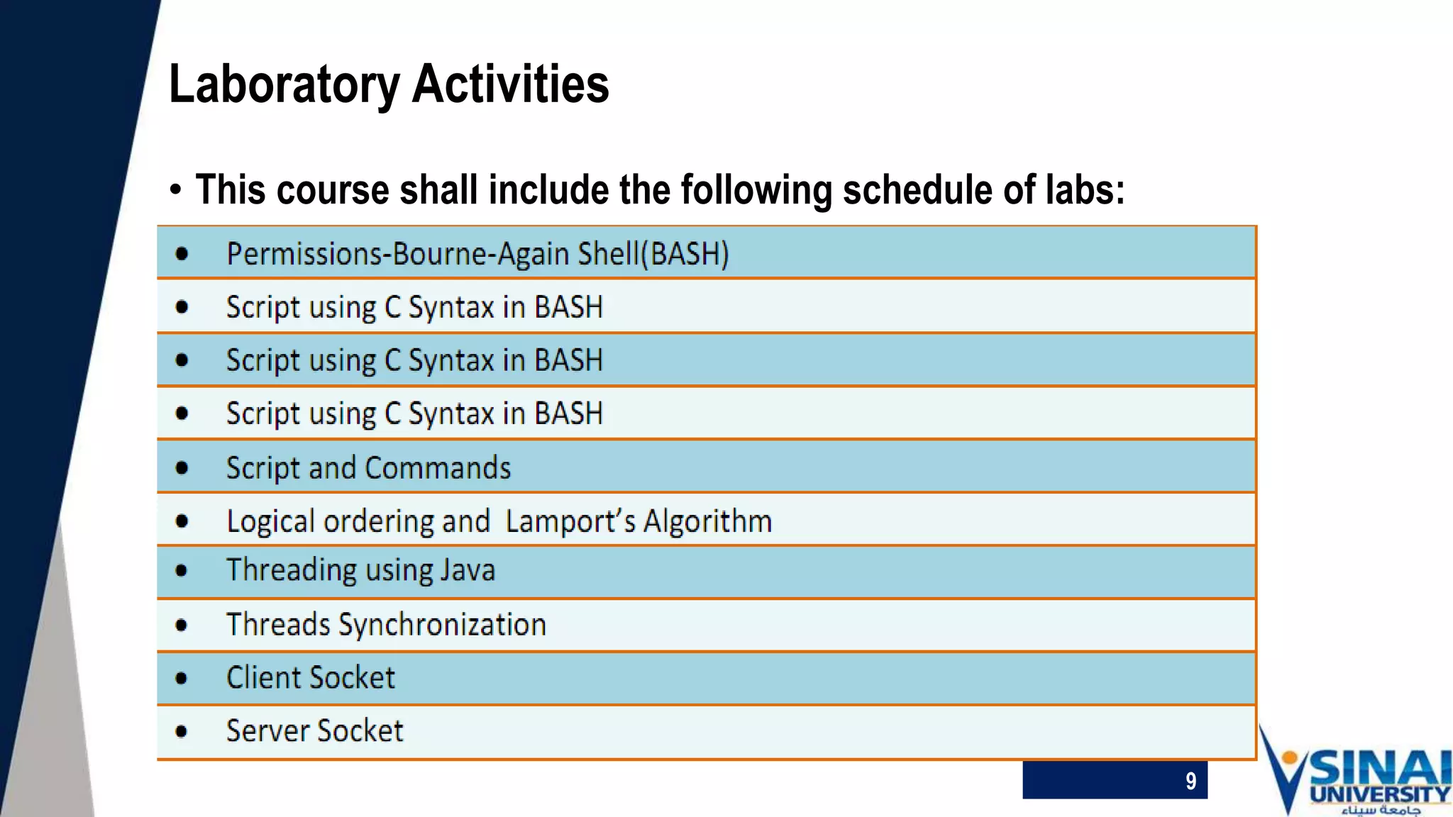 • This course shall include the following schedule of labs:
Laboratory Activities
9
 