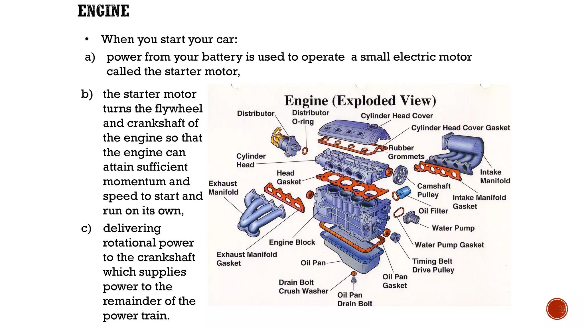 • When you start your car:
a) power from your battery is used to operate a small electric motor
called the starter motor,
b) the starter motor
turns the flywheel
and crankshaft of
the engine so that
the engine can
attain sufficient
momentum and
speed to start and
run on its own,
c) delivering
rotational power
to the crankshaft
which supplies
power to the
remainder of the
power train.
 