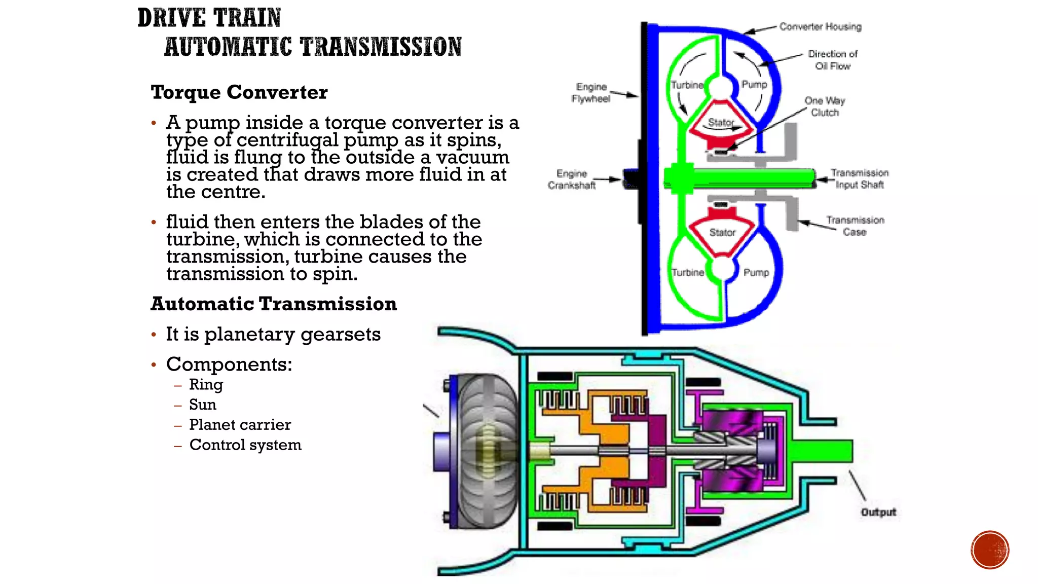 Torque Converter
• A pump inside a torque converter is a
type of centrifugal pump as it spins,
fluid is flung to the outside a vacuum
is created that draws more fluid in at
the centre.
• fluid then enters the blades of the
turbine, which is connected to the
transmission, turbine causes the
transmission to spin.
Automatic Transmission
• It is planetary gearsets
• Components:
– Ring
– Sun
– Planet carrier
– Control system
 