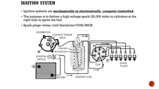 ▪ Ignition systems are mechanically or electronically computer controlled
▪ The purpose is to deliver a high voltage spark (20,000 volts) to cylinders at the
right time to ignite the fuel.
▪ Spark plugs /wires /coil/distributor/COIL PACK
 