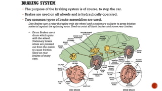 • The purpose of the braking system is of course, to stop the car.
• Brakes are used on all wheels and is hydraulically operated.
• Two common types of brake assemblies are used.
– Disc Brakes use a rotor that spins with the wheel and a stationary calliper to press friction
material against the spinning rotor. Used on most all front brakes and some rear brakes.
34
– Drum Brakes use a
drum which spins
with the wheel.
Stationary brake
shoes are pressed
out from the inside
to cause friction.
Used on rear
brakes of many
cars.
 