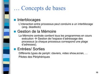 10
… Concepts de bases
 Interblocages
L’interaction entre processus peut conduire a un interblocage
(ang. deadlock)
 Gestion de la Mémoire
La Mémoire centrale contient tous les programmes en cours
exécution  Gestion de l’espace d’adressage des
processus (a chaque processus correspond une plage
d’adresses).
 Entrées/ Sorties
Différents types de periph: claviers, video show,ecran, …
Pilotes des Périphériques
 