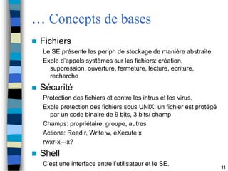 11
… Concepts de bases
 Fichiers
Le SE présente les periph de stockage de manière abstraite.
Exple d’appels systèmes sur les fichiers: création,
suppression, ouverture, fermeture, lecture, ecriture,
recherche
 Sécurité
Protection des fichiers et contre les intrus et les virus.
Exple protection des fichiers sous UNIX: un fichier est protégé
par un code binaire de 9 bits, 3 bits/ champ
Champs: propriétaire, groupe, autres
Actions: Read r, Write w, eXecute x
rwxr-x—x?
 Shell
C’est une interface entre l’utilisateur et le SE.
 