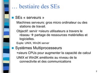 7
… bestiaire des SEs
 SEs « serveurs »
Machines serveurs: gros micro ordinateur ou des
stations de travail.
Objectif: servir +sieurs utilisateurs a travers le
réseau  partage de ressources matérielles et
logicielles.
Exple: UNIX, Win2K server
 Systèmes Multiprocesseurs
+sieurs CPUs pour augmenter la capacité de calcul
UNIX et Win2K améliorés au niveau de la
connectivite et des communications
 