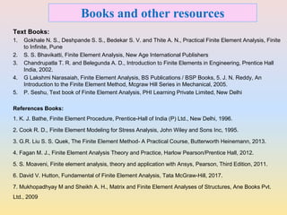Books and other resources
Text Books:
1. Gokhale N. S., Deshpande S. S., Bedekar S. V. and Thite A. N., Practical Finite Element Analysis, Finite
to Infinite, Pune
2. S. S. Bhavikatti, Finite Element Analysis, New Age International Publishers
3. Chandrupatla T. R. and Belegunda A. D., Introduction to Finite Elements in Engineering, Prentice Hall
India, 2002.
4. G Lakshmi Narasaiah, Finite Element Analysis, BS Publications / BSP Books, 5. J. N. Reddy, An
Introduction to the Finite Element Method, Mcgraw Hill Series in Mechanical, 2005.
5. P. Seshu, Text book of Finite Element Analysis, PHI Learning Private Limited, New Delhi
References Books:
1. K. J. Bathe, Finite Element Procedure, Prentice-Hall of India (P) Ltd., New Delhi, 1996.
2. Cook R. D., Finite Element Modeling for Stress Analysis, John Wiley and Sons Inc, 1995.
3. G.R. Liu S. S. Quek, The Finite Element Method- A Practical Course, Butterworth Heinemann, 2013.
4. Fagan M. J., Finite Element Analysis Theory and Practice, Harlow Pearson/Prentice Hall, 2012.
5. S. Moaveni, Finite element analysis, theory and application with Ansys, Pearson, Third Edition, 2011.
6. David V. Hutton, Fundamental of Finite Element Analysis, Tata McGraw-Hill, 2017.
7. Mukhopadhyay M and Sheikh A. H., Matrix and Finite Element Analyses of Structures, Ane Books Pvt.
Ltd., 2009
 
