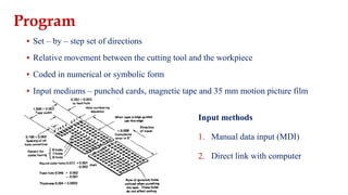 ▪ Set – by – step set of directions
▪ Relative movement between the cutting tool and the workpiece
▪ Coded in numerical or symbolic form
▪ Input mediums – punched cards, magnetic tape and 35 mm motion picture film
Program
Input methods
1. Manual data input (MDI)
2. Direct link with computer
 