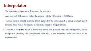 Interpolator
▪ The displacement per pulse determines the accuracy
▪ Axis moves 0.002 mm per pulse, the accuracy of the NC system is 0.002 mm.
▪ The NC system should generate 25000 pulses for the moving part to move as much as 50
mm and 8333 pulses per second to move at a speed of 1m per minute.
▪ The data in the FIFO buffer is transmitted to the next function via a fine interpolator, which
interpolates precisely the interpolated data and, if not necessary, does not have to be
implemented.
 