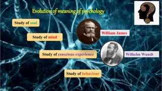 Study of soul
Study of mind
Study of conscious experience
Study of behaviour
Evolution of meaning of psychology
William James
Wilhelm Wundt
 