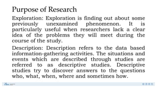 Purpose of Research
Exploration: Exploration is finding out about some
previously unexamined phenomenon. It is
particularly useful when researchers lack a clear
idea of the problems they will meet during the
course of the study.
Description: Description refers to the data based
information-gathering activities. The situations and
events which are described through studies are
referred to as descriptive studies. Descriptive
studies try to discover answers to the questions
who, what, when, where and sometimes how.
 