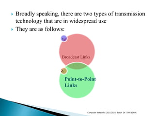  Broadly speaking, there are two types of transmission
technology that are in widespread use
 They are as follows:
Computer Networks (2021-2024) Batch- Dr.T.THENDRAL
1.
Broadcast Links
Point-to-Point
Links
2.
 
