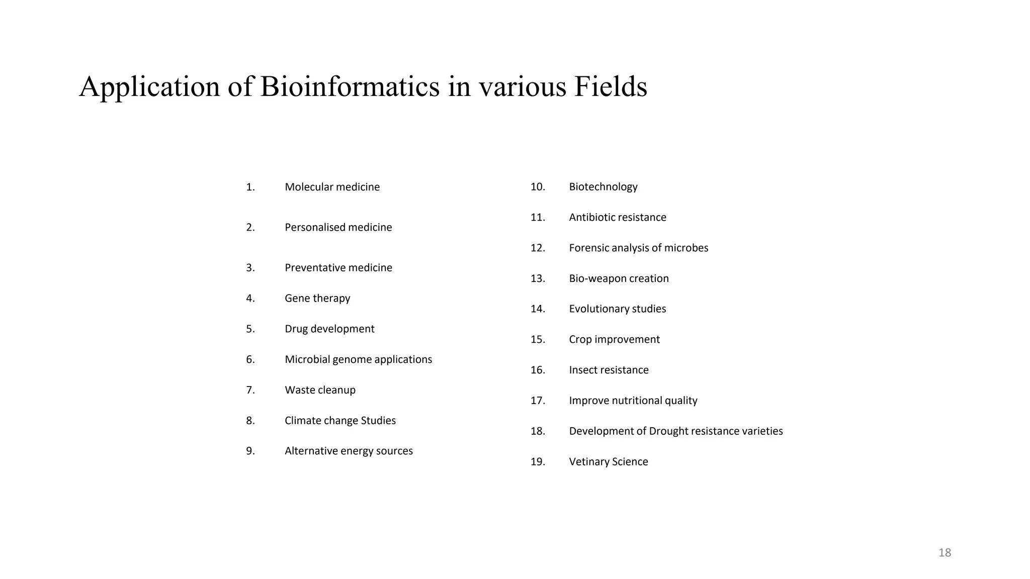 Application of Bioinformatics in various Fields
18
1. Molecular medicine
2. Personalised medicine
3. Preventative medicine
4. Gene therapy
5. Drug development
6. Microbial genome applications
7. Waste cleanup
8. Climate change Studies
9. Alternative energy sources
10. Biotechnology
11. Antibiotic resistance
12. Forensic analysis of microbes
13. Bio-weapon creation
14. Evolutionary studies
15. Crop improvement
16. Insect resistance
17. Improve nutritional quality
18. Development of Drought resistance varieties
19. Vetinary Science
 