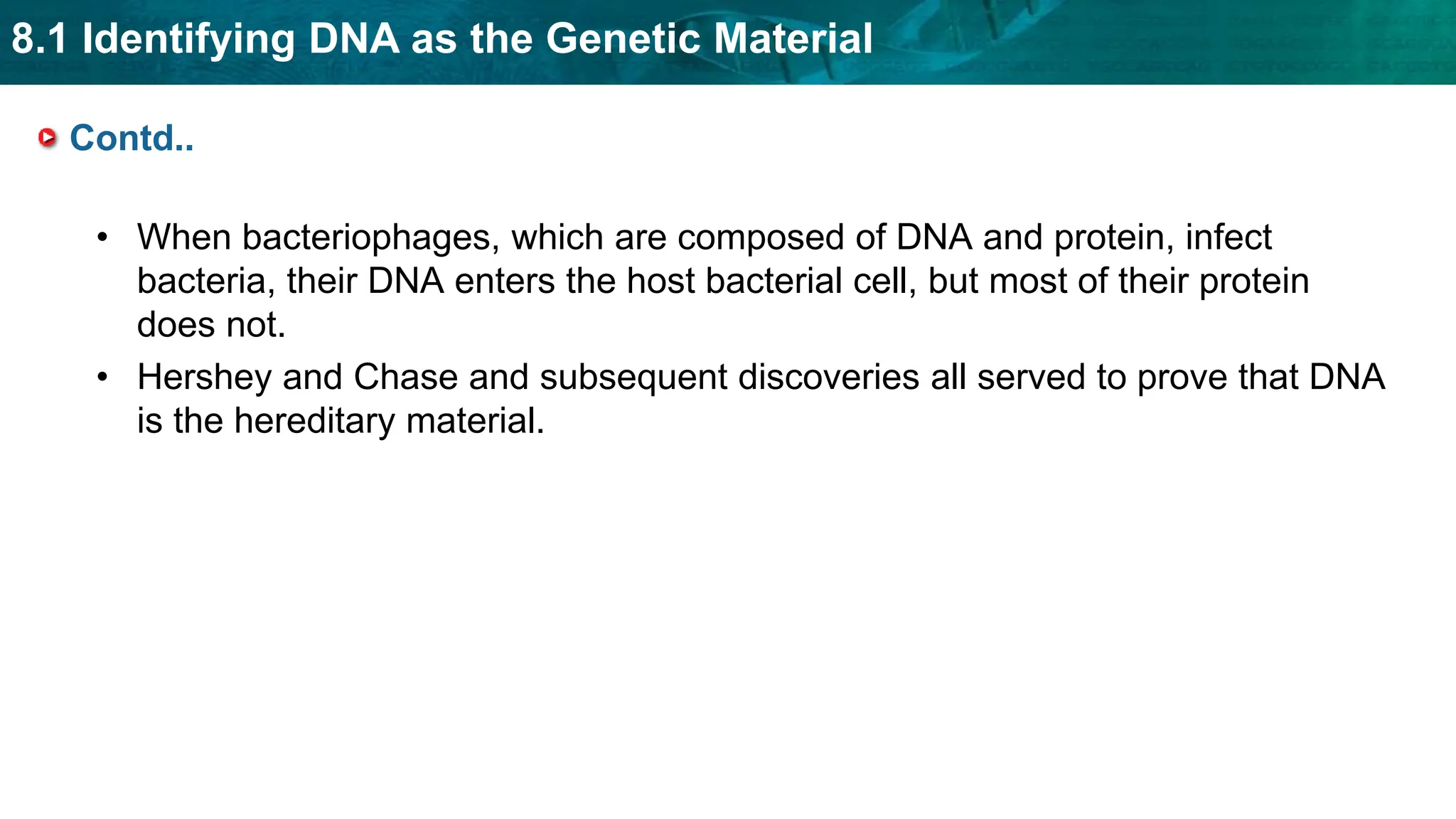 8.1 Identifying DNA as the Genetic Material
Contd..
• When bacteriophages, which are composed of DNA and protein, infect
bacteria, their DNA enters the host bacterial cell, but most of their protein
does not.
• Hershey and Chase and subsequent discoveries all served to prove that DNA
is the hereditary material.
 