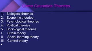 Crime Causation Theories
1. Biological theories
2. Economic theories
3. Psychological theories
4. Political theories
5. Sociological theories
I. Strain theory
II. Social learning theory
III. Control theory
•
 