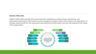 ISO/IEC 27001:2022
ISO/IEC 27001:2022 specifies the requirements for establishing, implementing, maintaining, and
continually improving an information security management system within the context of an organization. It
includes requirements for the assessment and treatment of information security risks tailored to the needs
of the organization.
 