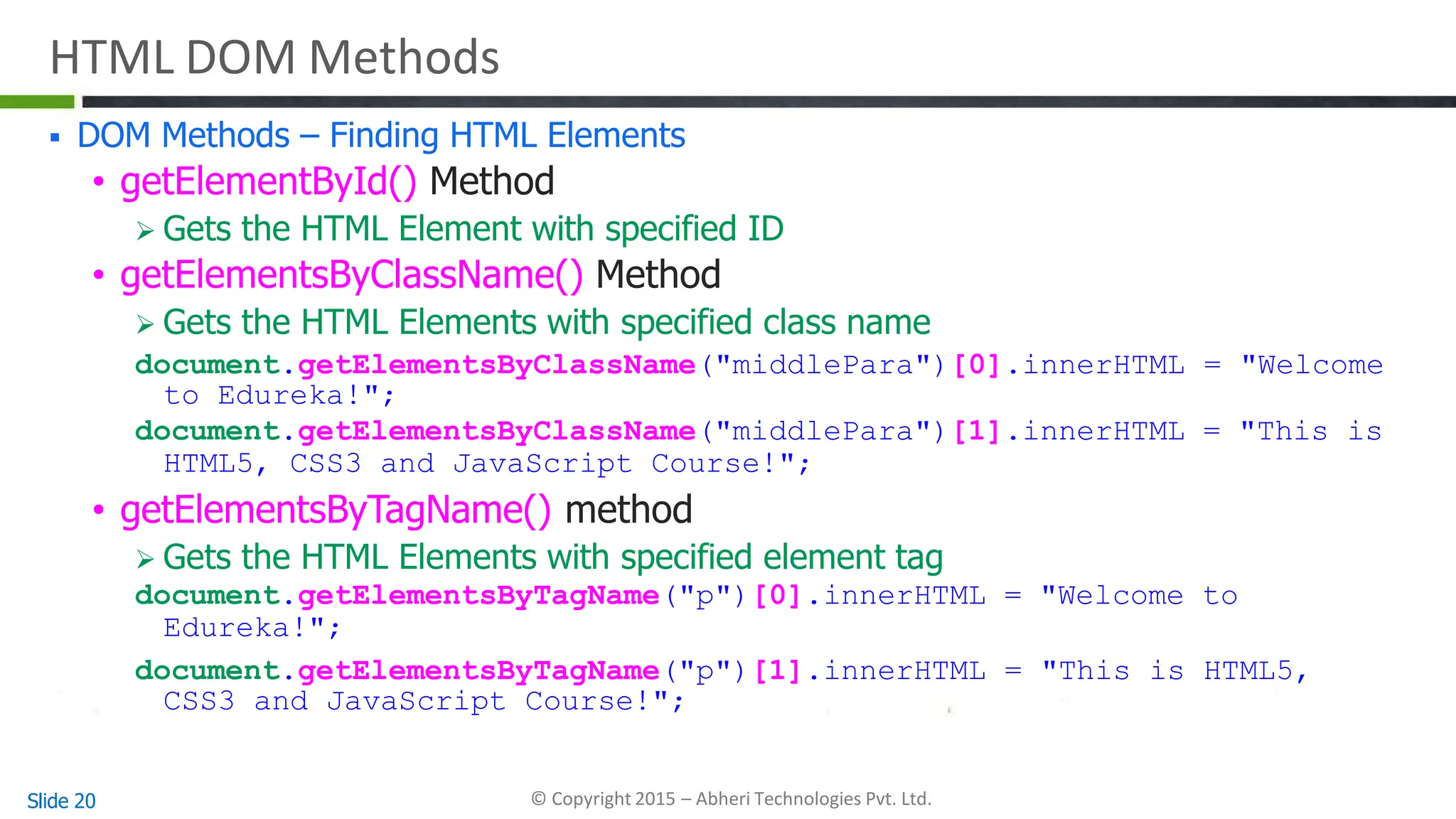 HTML DOM Methods
Slide 20 © Copyright 2015 – Abheri Technologies Pvt. Ltd.
 DOM Methods – Finding HTML Elements
• getElementById() Method
 Gets the HTML Element with specified ID
• getElementsByClassName() Method
 Gets the HTML Elements with specified class name
document.getElementsByClassName("middlePara")[0].innerHTML = "Welcome
to Edureka!";
document.getElementsByClassName("middlePara")[1].innerHTML = "This is
HTML5, CSS3 and JavaScript Course!";
• getElementsByTagName() method
 Gets the HTML Elements with specified element tag
document.getElementsByTagName("p")[0].innerHTML = "Welcome to
Edureka!";
document.getElementsByTagName("p")[1].innerHTML = "This is HTML5,
CSS3 and JavaScript Course!";
 