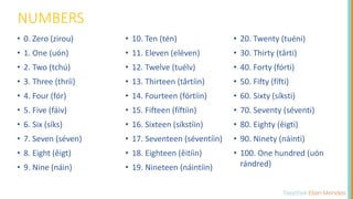 NUMBERS
• 0. Zero (zirou)
• 1. One (uón)
• 2. Two (tchú)
• 3. Three (thríi)
• 4. Four (fór)
• 5. Five (fáiv)
• 6. Six (síks)
• 7. Seven (séven)
• 8. Eight (êigt)
• 9. Nine (náin)
• 10. Ten (tén)
• 11. Eleven (eléven)
• 12. Twelve (tuélv)
• 13. Thirteen (târtíin)
• 14. Fourteen (fórtíin)
• 15. Fifteen (fíftíin)
• 16. Sixteen (síkstíin)
• 17. Seventeen (séventíin)
• 18. Eighteen (êitíin)
• 19. Nineteen (náintíin)
• 20. Twenty (tuéni)
• 30. Thirty (târti)
• 40. Forty (fórti)
• 50. Fifty (fífti)
• 60. Sixty (síksti)
• 70. Seventy (séventi)
• 80. Eighty (êigti)
• 90. Ninety (náinti)
• 100. One hundred (uón
rándred)
 