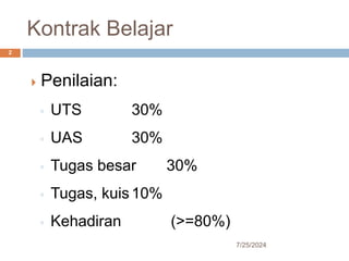 Kontrak Belajar
7/25/2024
2
 Penilaian:
◦ UTS 30%
◦ UAS 30%
◦ Tugas besar 30%
◦ Tugas, kuis10%
◦ Kehadiran (>=80%)
 
