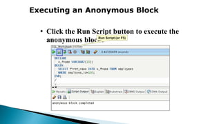 Executing an Anonymous Block
• Click the Run Script button to execute the
anonymous block:
Run Script (or F5)
 