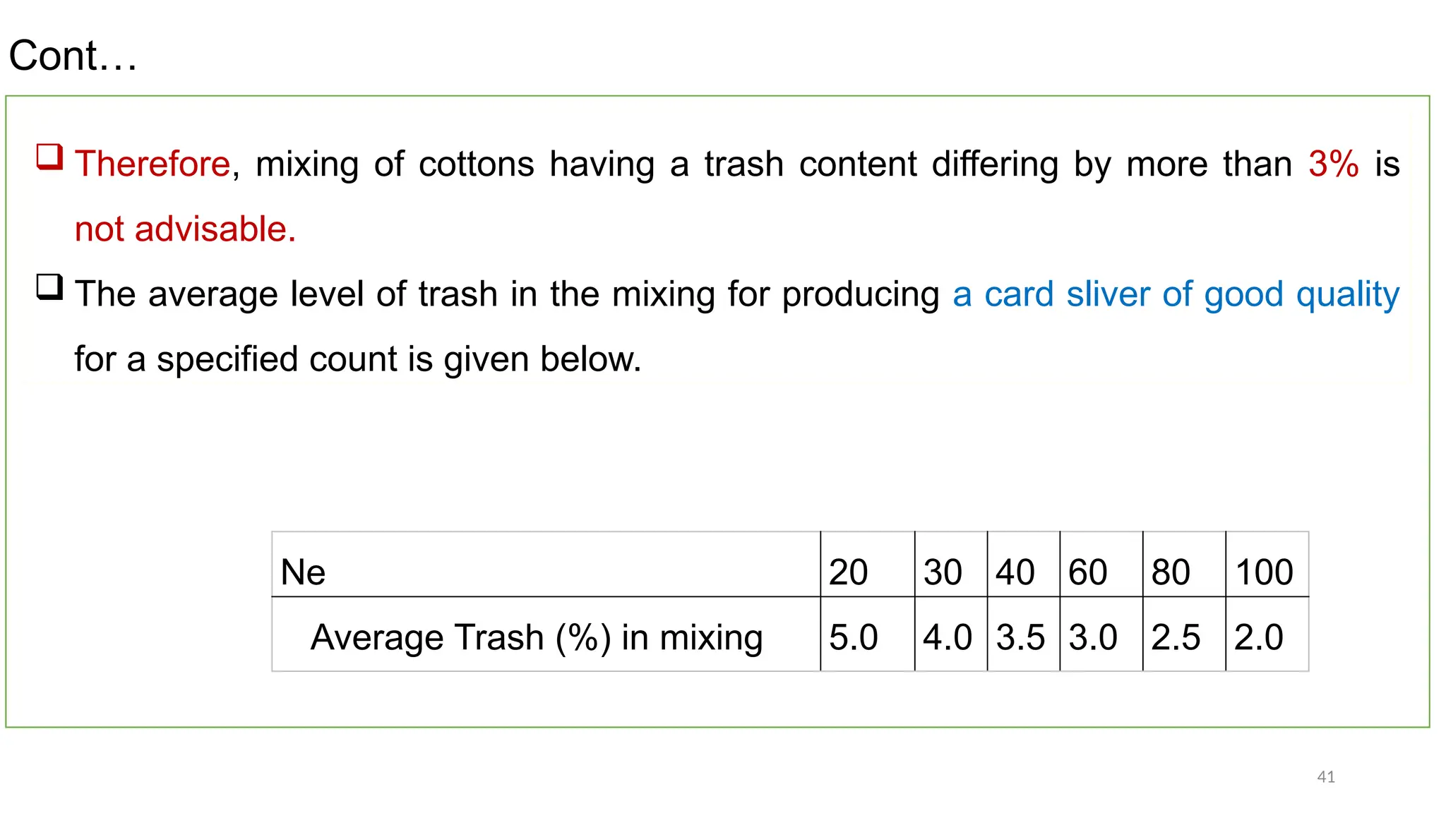 41
 Therefore, mixing of cottons having a trash content differing by more than 3% is
not advisable.
 The average level of trash in the mixing for producing a card sliver of good quality
for a specified count is given below.
Ne 20 30 40 60 80 100
Average Trash (%) in mixing 5.0 4.0 3.5 3.0 2.5 2.0
Cont…
 